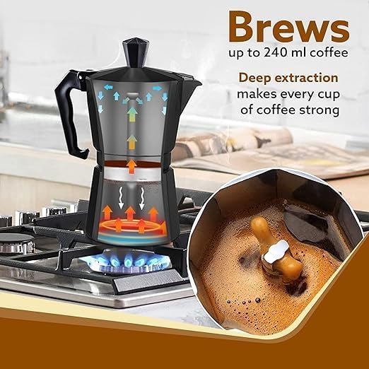 Image of Matte Black Aluminium Stovetop Espresso Maker Moka Pot Classic Italian Style Coffee Percolator with Safety Valve & Heat Resistant Handle, Durable Mokka Coffee Maker for Gas & Electric Stove