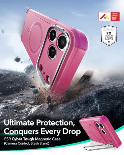 Image of ESR for iPhone 17 Pro Max Phone Case with Stand, 23ft Military-Grade Drop Protection with Camera Control, Shock-Absorbing Rugged Cover, Compatible with MagSafe Accessories, Cyber Series, Pink