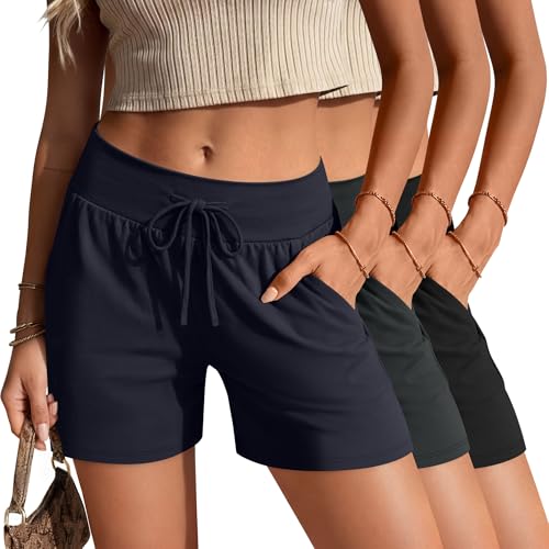 JoyMotion 3 Pack Women's Lounge Shorts Cotton Drawstring High Waisted Casual Lightweight Summer...