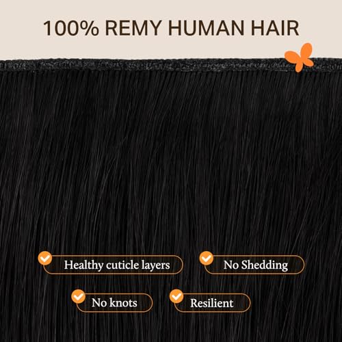 Image of DOORES Genius Seamless Weft Hair Extensions Human Hair, Natural Black 20 Inch 100g, Hand Tied Weft Extension Sew in Natural Straight