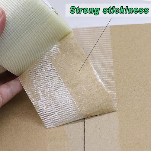 Image of BOMEI PACK Fiber Reinforced Packing Tape 4 inch, Wide Clear Heavy Duty Bi Directional Filament Strapping Tape 4Inch x 55yds 6.7Mil