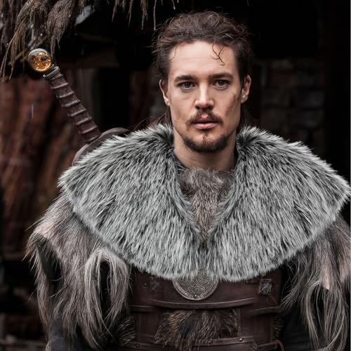Capaneus Viking Kunstfell Kragen, Wikinger Fell Schal, Mittelalter Umhang Pelz Herren, Wikinger Kostüm Accessoire für Halloween Karneval Cosplay Thema Party