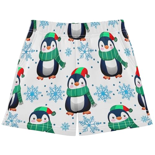 Girls Lounge Shorts Athletic Kids Cute Penguin Snowflakes Print Comfy Summer Pajama Teen Activewear, X-Small