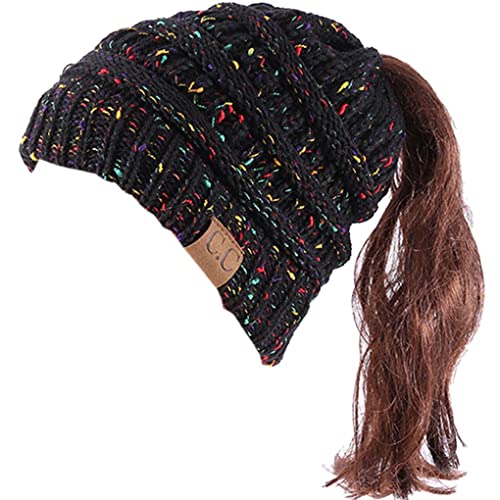 Femme Bonnet Queue Messy Chignon Chapeaux Queue de Cheval Chapeaux Trou Bonnet en Tricot Femmes Bonnet d'hiver avec Trou pour Queue de Cheval (Le Noir) Cover