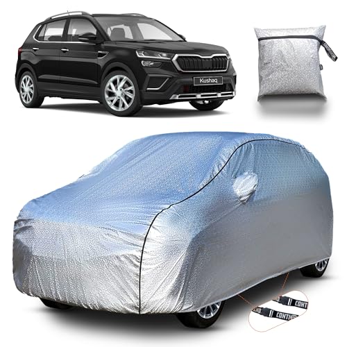 Image of Continental [SilverGuard] Dual Belts Extra Protection Skoda Kushaq Car Cover (2021-2026) Build with Triple Stitched, Waterproof & Dustproof Car Cover for Kushaq (Metallic Silver).