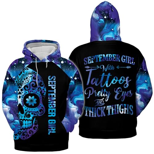 Skull September Girl With Tattoos Pretty Eyes And Born September Hoodie 3D (September)