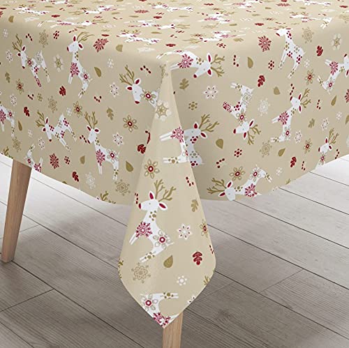 Karina Home Scandi Christmas Reindeer PVC Vinyl Wipe Clean Oilcloth Tablecloth (200cm x 140cm, Cream), 78.7 x 55.1 inch (Rectangular) - Image 3
