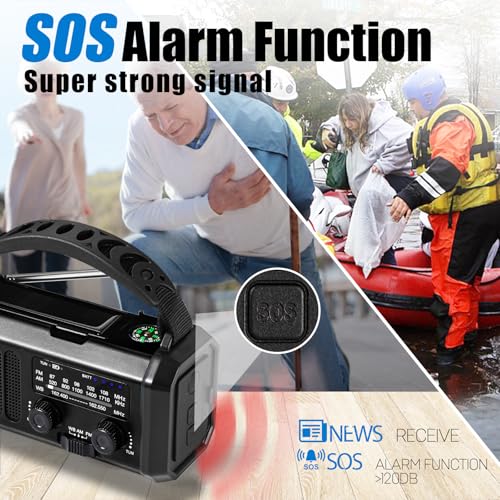 Image of 10000mAh Emergency Crank Radio,NOAA /AM /FM Weather Radio, Type-C Charge,Solar Charging,SOS, 3 Modes LED Torch, Reading Lamp, Compass for Outdoor Survival(Black)