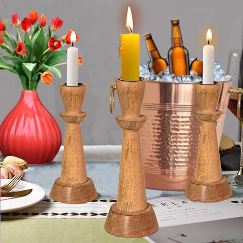 Image of Pure Source India Wooden Candle Holder for Taper Candles, Natural Mango Wood Vintage Style 18cm Tall Candle Stand for Fireplace Dining Table Centrepiece, Decorative Item for Home