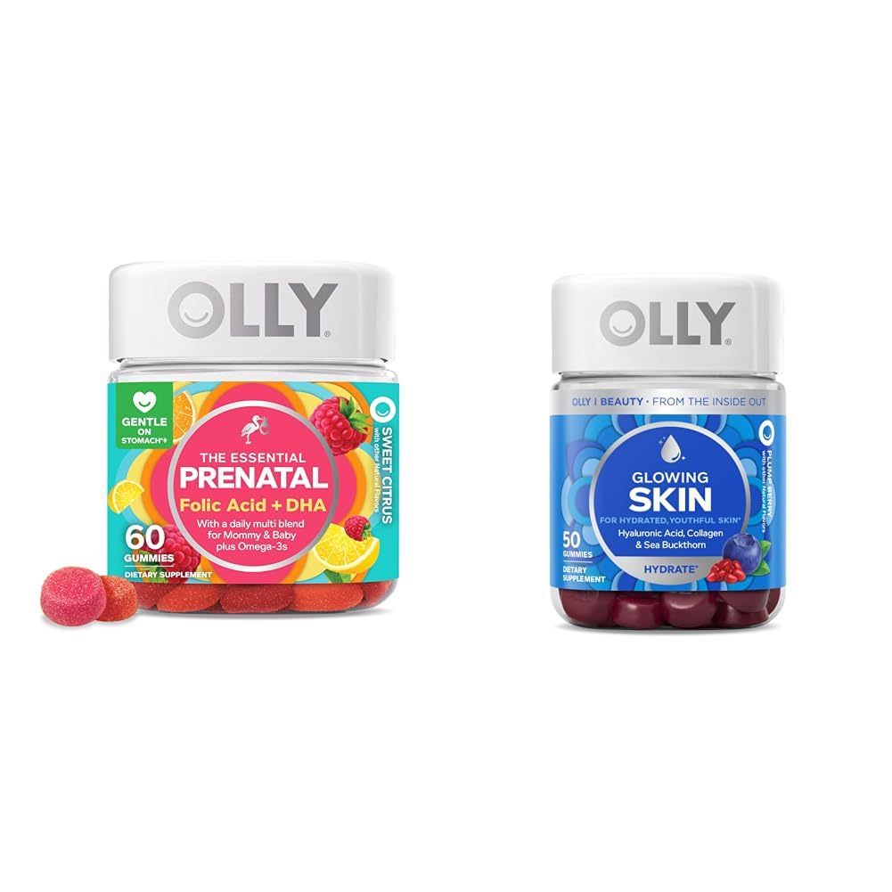OLLY The Essential Prenatal Gummy Multivitamin, 30 Day Supply (Gummies), Sweet & Glowing Skin Gummy, 25 Day Supply (50 Count), Plump Berry, Hyaluronic Acid, Collagen
