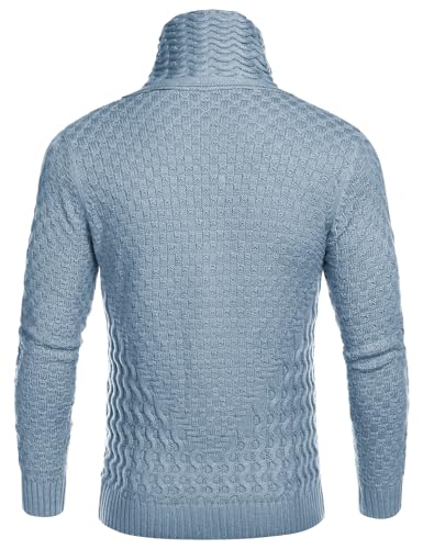 COOFANDY Men's High Collar Sweater Plaid Stripe Hoodied Long Sleeve Knitwear Blue3