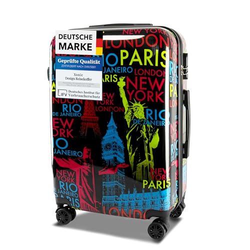 Xonic Design Reisekoffer - Hartschalen-Koffer mit 360° Leichtlauf-Rollen - hochwertiger Trolley mit Zahlenschloss Polycarbonat in M-L-XL oder Set (Neon Cities, L)