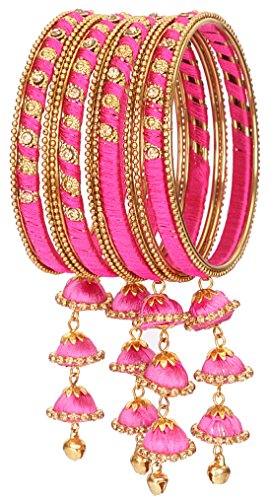 Image of NMII Metal & Silk Thread Jhumka Zircon Latkan Stylish Bangles Set For Women's and Girls | Women's Fancy Latkan Bangles Set | Ethnic Fashion Jewellery- Set of 12 Bangle, (G405 Pink-2.8(2.8))