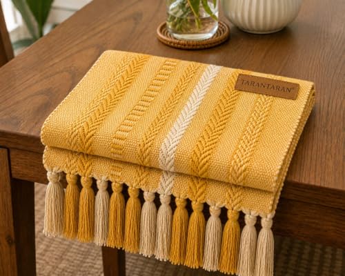 Image of TARANTARAN Mustard Yellow Boho Table Runner | Cotton Macrame Dining Table Cover with Tassel Fringe