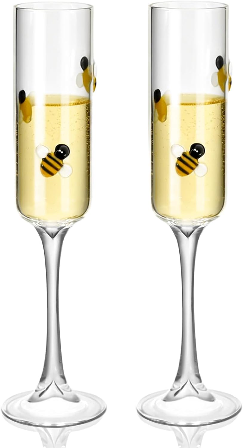2PCS Icon ChampagneGlasses High Borosilicate Glass Party Glassware, Durable & Lead-Free Decorative Drinkware, Unique Gift for Wine Lovers, Party & Home Bar Use (Champagne Glass, Bee)
