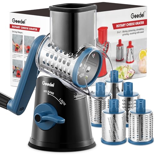 Image of Geedel Rotary Cheese Grater Hand Crank, Cheese Shredder Vegetable Slicer | 5 Blades, 430 Stainless Steel, 12x Fast Cutting, Strong Suction Base, No BPA, Dishwasher Safe, for Cheese, Veggie, Nut