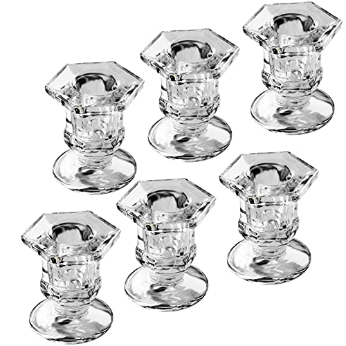 HUAN TONG Glass Candlestick Holders Set ,Candle Holders for Pillar Candles , Crystal Taper Candle Holders for Table Centerpiece,of 6 Candle Holders for Wedding,Dinning ,Windowsill, Transparent Color