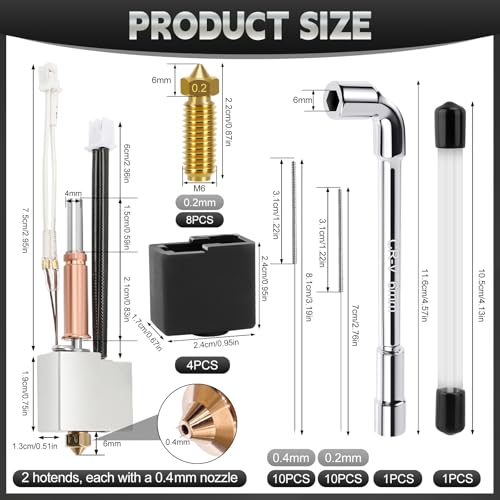 BILIPLE 2 Stück Kobra 3/Kobra 3 Combo Hotend mit 0,2mm Düsen | mit 8X 0,2mm Messingdüsen, Düsen-Schlüssel, 20 Reinigungsnadeln & 4 Silikon-Schutzhüllen | Heißend-Set für 3D-Drucker