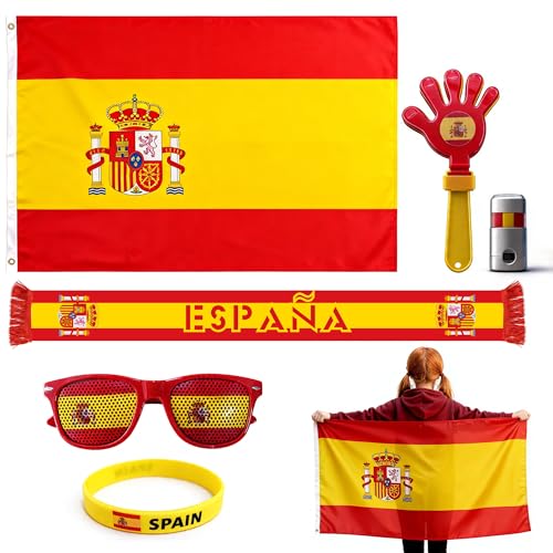 Spain Soccer Fan Cheering Kit, 6 Pcs Patriotic Game Day Accessories.