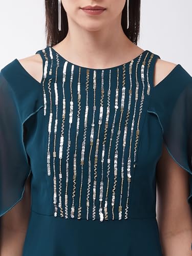Image of Miss Chase Women's Round Neck Sleeve Embellished Fit Flare Maxi Dress