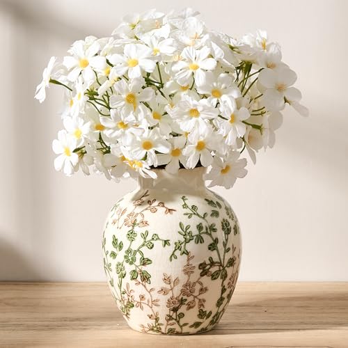 Jarrón antiguo verde y beige, diseño floral chino de 5.75 pulgadas, jarrón de cerámica rústica para decoración del hogar, sala de estar, estantería, oficina, entrada, decoración de gran milenio