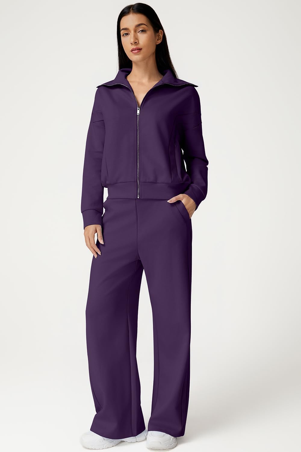 QINSEN Women's Cotton 2 Piece Outfits Lapel Long Sleeve Zip Up Sweatshirt Wide Leg Pants Matching Tracksuit Sets - Image 2