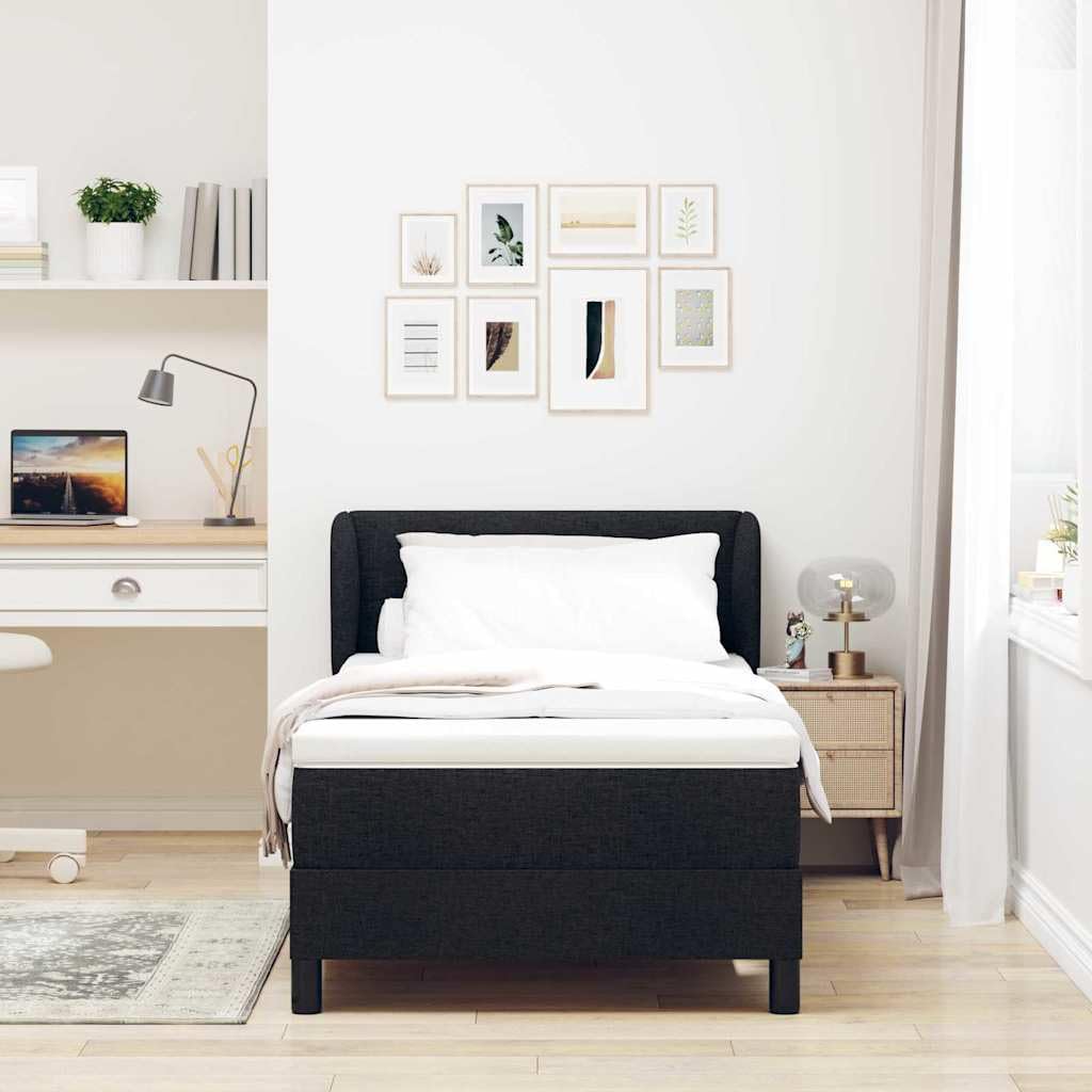 Cama con somier con colchón negro, 90 x 190 cm, tejido de tela, cabecero regulable en altura, colchón de muelles ensacados, superficie de descanso de firmeza media, madera y madera de pino