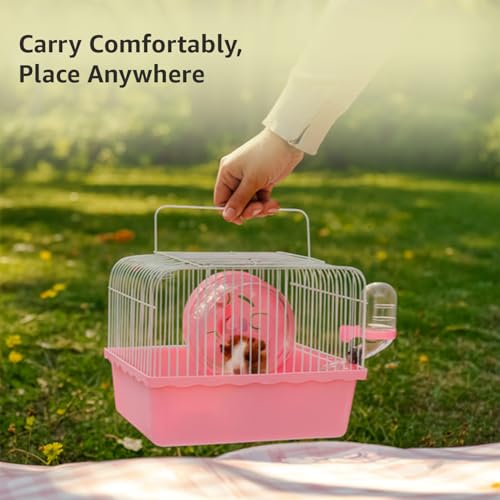 Image of Amazon Basics Hamster, Gerbil, Guinea Pig Cage and Playhouse | Pink | Spacious Plastic Cage for Small Pets | Double Story with Slide, Exercise Wheel and Feeding Bottle | LxWxH- 23x 17x 25 Cm