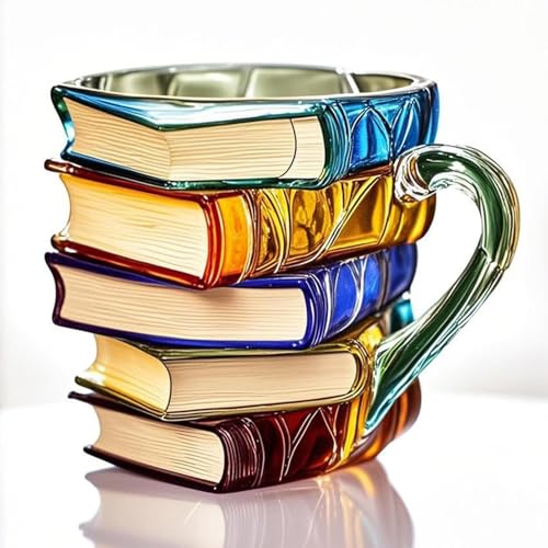 Taza de libros pintados | Libros de vidrieras Coffee Cup | Taza de café novedoso de libros apilados en 3D | Lectura tazas leche temática Tazas té decoración del hogar para amantes los libros