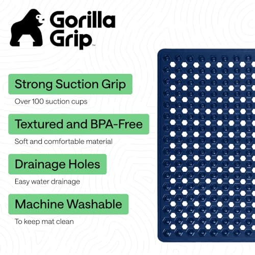 Image of GORILLA GRIP Patented Square Shower Stall Mat, Small Bathtub Floor Mats for Stand Up Showers, Suction Cups and Drainage Holes, Machine Wash, Soft on Feet, Bathroom Accessories 21x21 Inch, Navy Blue