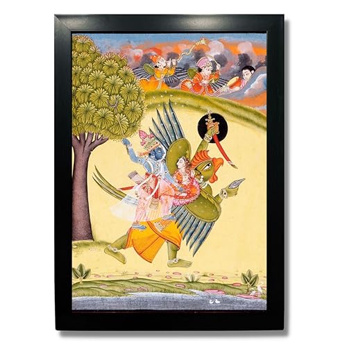 Image of Kagaz Kala - Vintage Art Prints - Hindu God Photos with Frames For Pooja Room Bedroom Living Room Decor Gifts Framed (Vishnu, Garuda with Lakshmi)