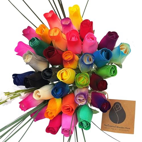 The Original Wooden Rose Assorted Colors Wooden Rose Closed Bud Bouquets 3 Dozen
