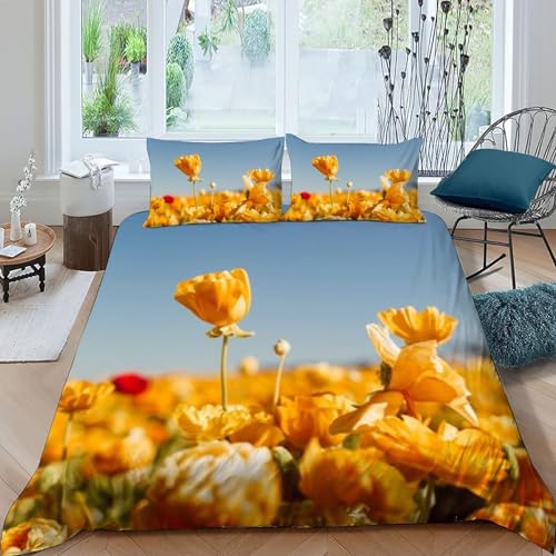 Housse de couette double 200x200cm anti-plis fleurs microfibre lit 3D - 3