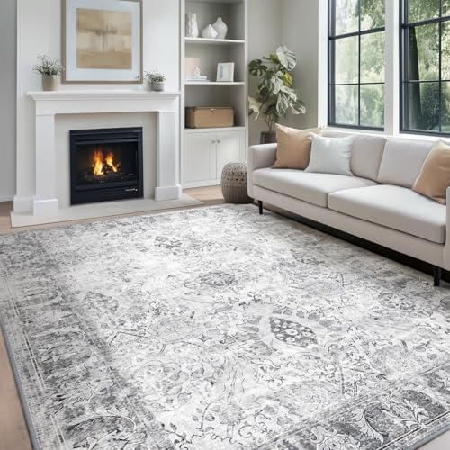 RELEANY Boho 9x12 Area Rugs Machine Washable Carpet Low Pile Non Shedding Doormat Soft Area Rugs for Living Room Bedroom Kitchen Dining Room Entryway Hallway Indoor-Grey/Black