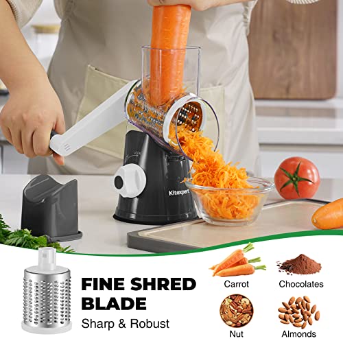 Cheese Grater With Handle, Rotary Cheese Grater With 3 Interchangeable Blades, Cheese Shredder Handheld With Strong Suction Base, Vegetable Slicer For Fruit, Nuts, Chocolate(Black) #TOP3
