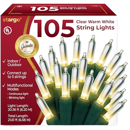 Clear Warm White Christmas Tree Lights 20 ft String of 105 Incandescent Mini Bulbs Multifunctional Lighting Modes for Decorative Bedroom Outdoor Xmas Twinkle Lights with Green Wire Total 216 ft