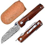 AUBEY Damast Taschenmesser mit Holzgriff und Scharfe Klinge, Damaskus Klappmesser als Geschenk, Survival EDC Einhandmesser für Outdoor Jagd Camping
