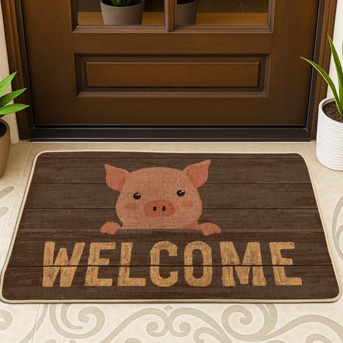 Cute Pig Welcome Doormat, Brown Farmhouse Entrance Mat for Indoor & Outdoor Use, Non-Slip Rubber Dust Control Floor Mats, Easy to Clean 29x17 Inch