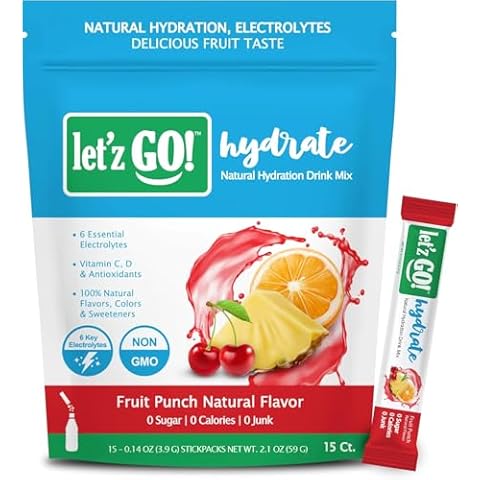 Let'z Go! Hydrate- Natural Hydration + Electrolyte Drink Mix- Hydration + Electrolytes + Antioxidant Powder Packets, Natural Flavors, Vitamins C + D | No Sugar | No Calories | (15 Count) Fruit Punch Cover