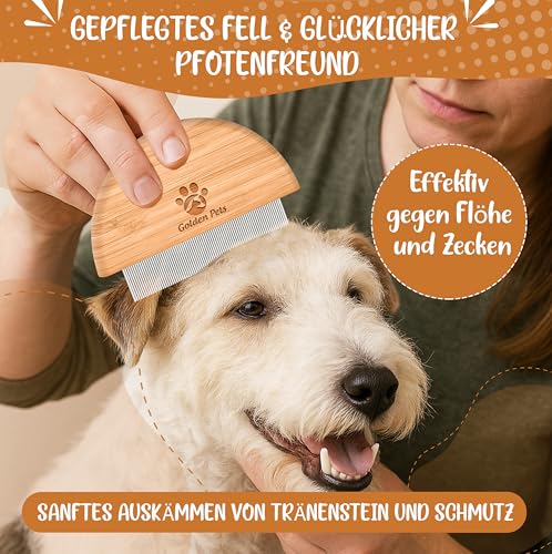 Golden Pets Bambus Flohkamm I Entfernt Flöhe bei Hunde & Katzen I Läusekamm, Staubkamm, Haustierkamm, Zeckenbürste, Nissenkamm + E-Book Pflegehandbuch