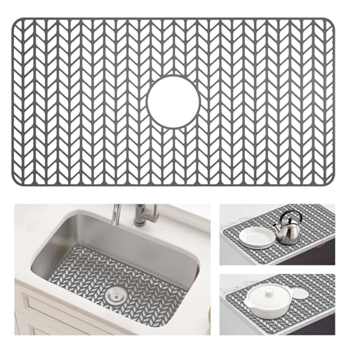 AWOKE Large Silicone Sink Protectors for Kitchen Sink 30 x 16 Center Drain Hole Sink Mat for Bottom of Farmhouse Kitchen Stainless Steel Sinks Raised Feet/Heat Resistant/Non-slip (Gray)