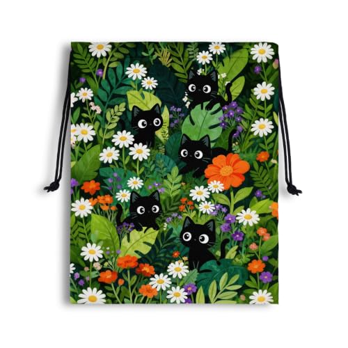 Image of Cat Storage Bag With Drawstring Green Leaves Pouch Outdoor Hiking