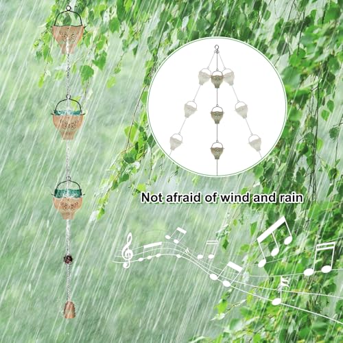KHayRovies 7.8ft Rain Chains for Outside, 8 Cups Copper Plated Lotus Rain Chain Cups, Adjustable Rain Catcher Chain with Bell for Eaves Drainage, Replacement for Downspout (Butterfly+Retro Green) - Thumbnail 4