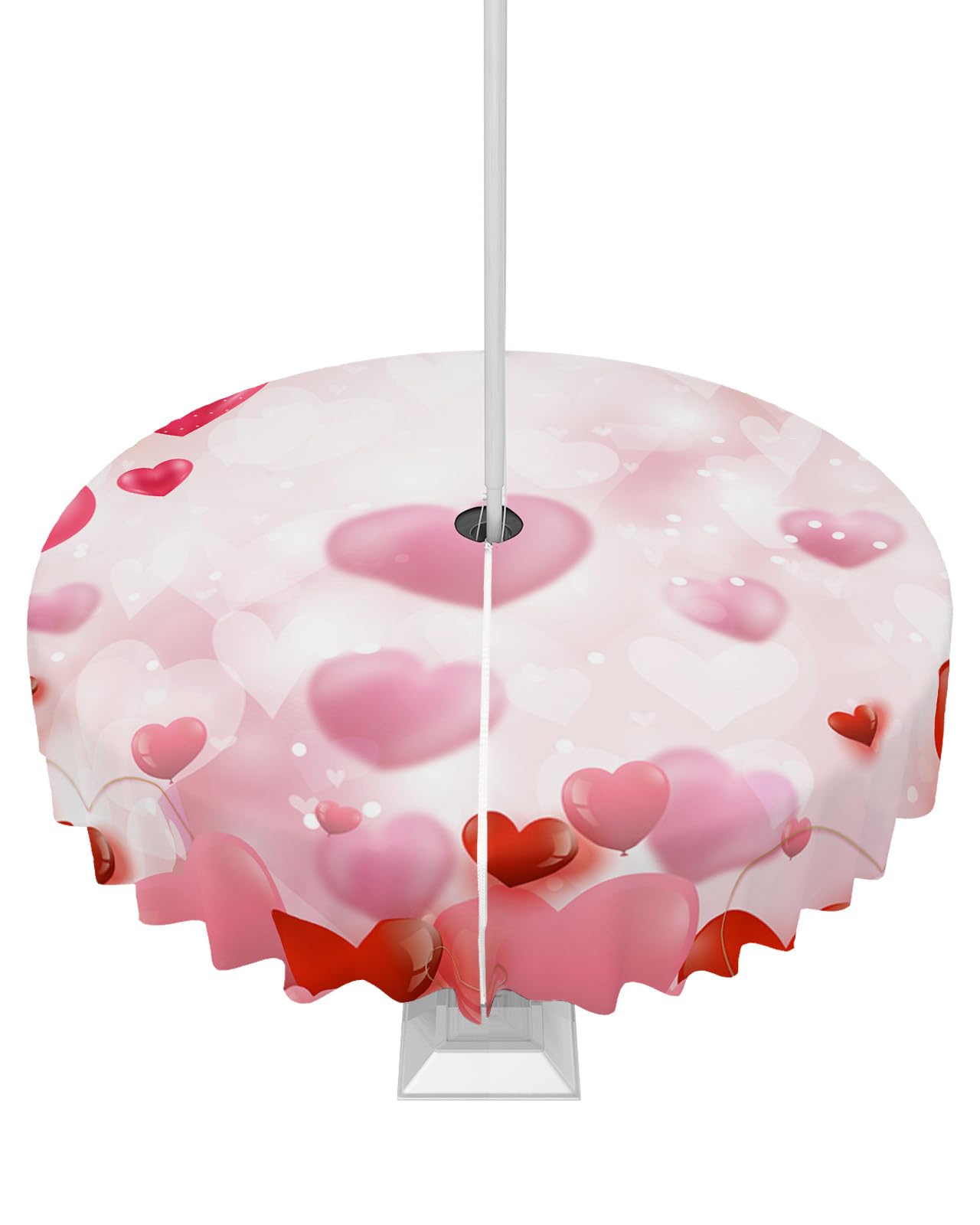Watercolor Heart Outdoor Tablecloths with Umbrella Hole and Zipper, Waterproof/Stain Resistant Round Table Cloth 60'' Patio Table Cover for Picnic/Party Valentine's Day Gradient Love Red Pink