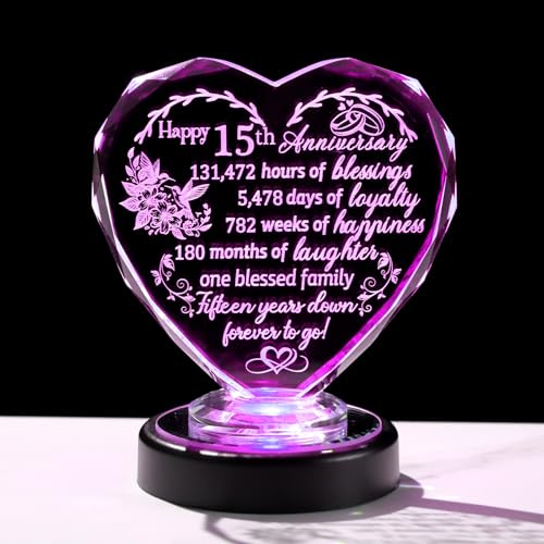 Arikyrist 15th Wedding Anniversary Crystal Gifts for Wife Glass Happy 15 Years Anniversary Heart Keepsake Ornament with LED Base 15th Anniversary Presents for Couples Friends