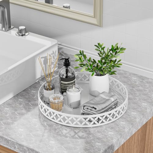 EKNITEY Bathroom Trays for Counter - 11 Inch White Decorative Tray Countertop Cosmetics Vanity Perfume Organizer Storage Tray for Bathroom