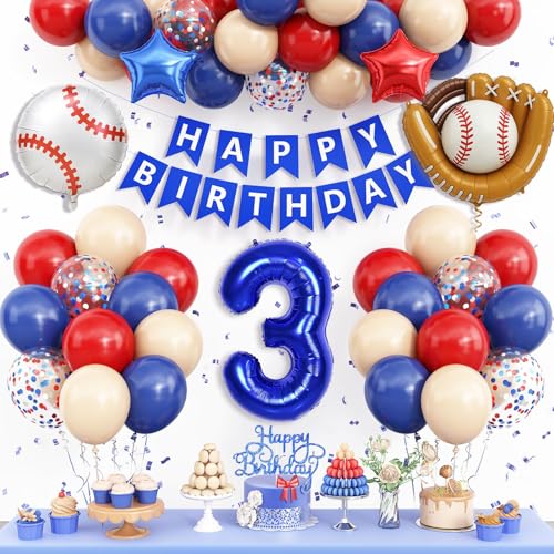 Image of 3rd Birthday Decorations for Boys Baseball,Navy Blue Red Nude Balloons | Party Decorations Birthday Banner Number 3 Baseball Glove Foil Balloons Cake Topper Sport Party Baby Shower