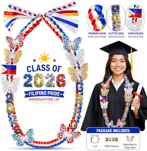 Image of Class of 2026 Philippines Graduation Leis,Double Gold Graduation Lei Ribbon with Butterfly and Pins Accessories, Handmade Money Lei Flowers Congrats Graduation Gift for Her Him
