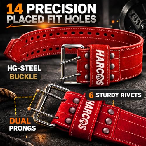 Image of Harcos Leather Weightlifting Gym Belt for Men & Women with Prone Buckle | Back Support Belt for Lifting, Squats, Deadlifts, Powerlifting & Strength Training | Adjustable Waist Workout Gym United states power lifting association & IPL Approved (Wine Red, L)