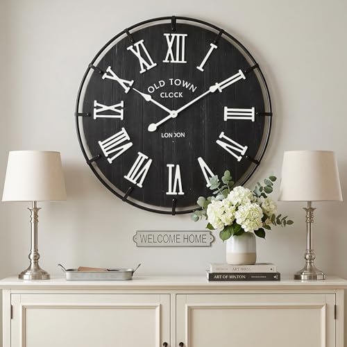 Image of EMAX HOME 24 Inch Vintage London Style Wall Clock, Black Wood Grain Background with White Roman Numerals, Rustic Metal Frame, Silent Non-Ticking Clock for Fireplace Mantel, Entryway, or Dining Area.